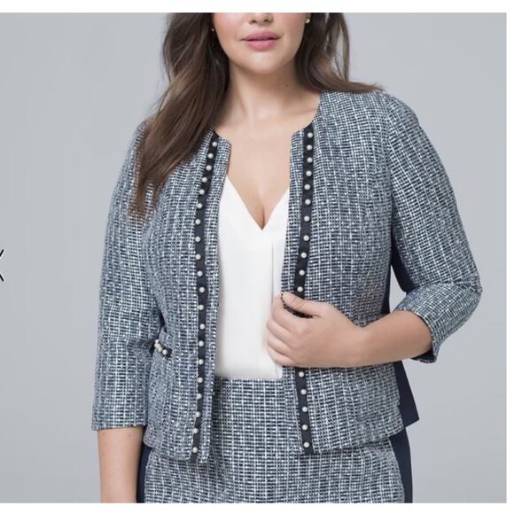 WHBM Blue Tweed Pearl Accent 3/4 Sleeve Open Front Blazer - 14 - Picture 1 of 10